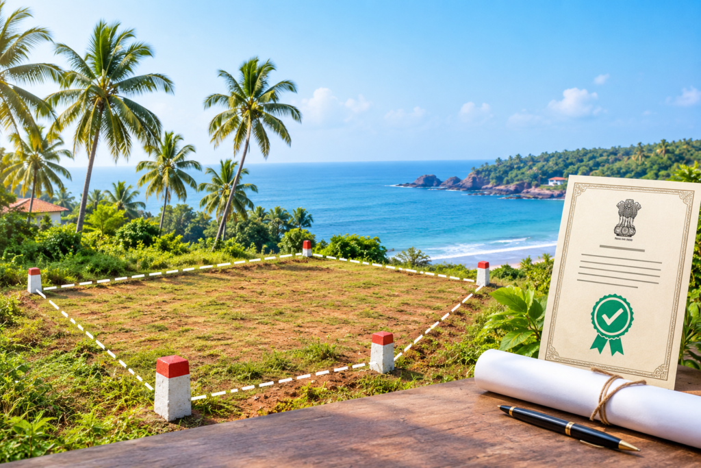 Goa coastal land plot with palm trees, boundary markers, and a land conversion certificate.