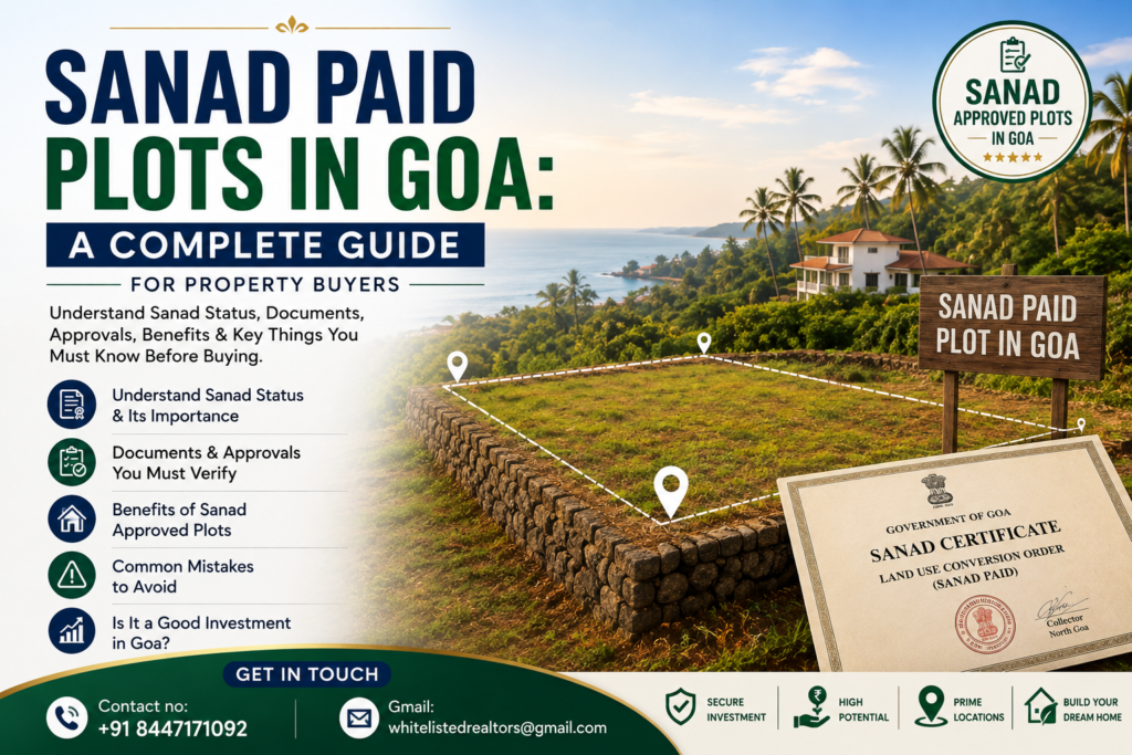 Illustration of a coastal Goa land plot with palm trees, surveyed boundary markers, and a Sanad land conversion certificate icon