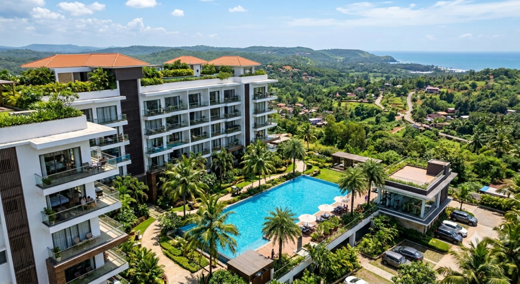 Luxury apartments in Porvorim, Goa, featuring a large swimming pool, landscaped gardens, palm trees, and scenic coastal views.