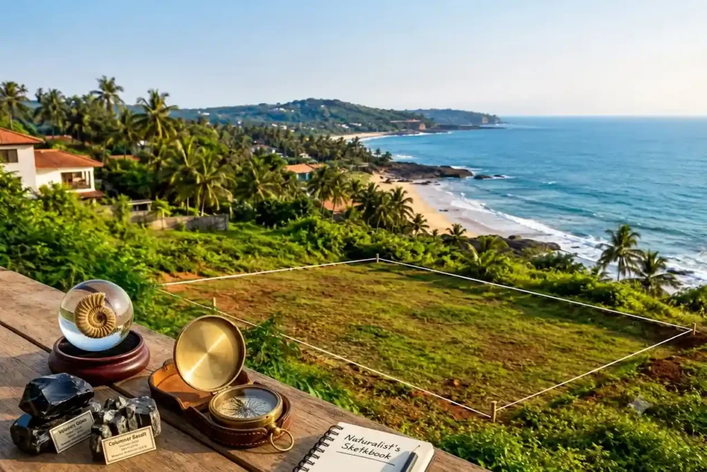 Coastal plot of land in Goa near the shoreline showing CRZ regulated zone