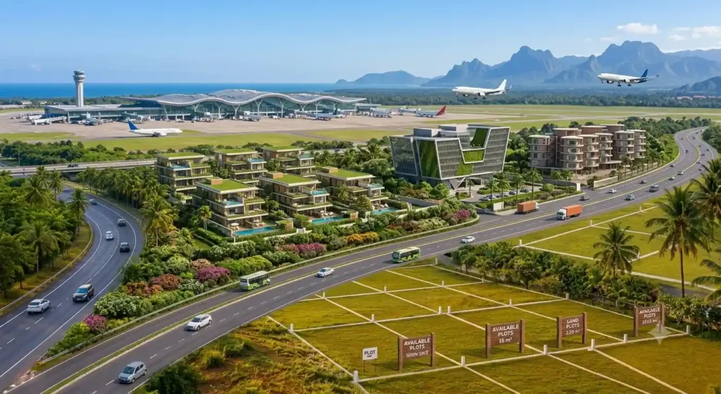 Aerial view of Mopa International Airport surrounded by new real estate development in North Goa