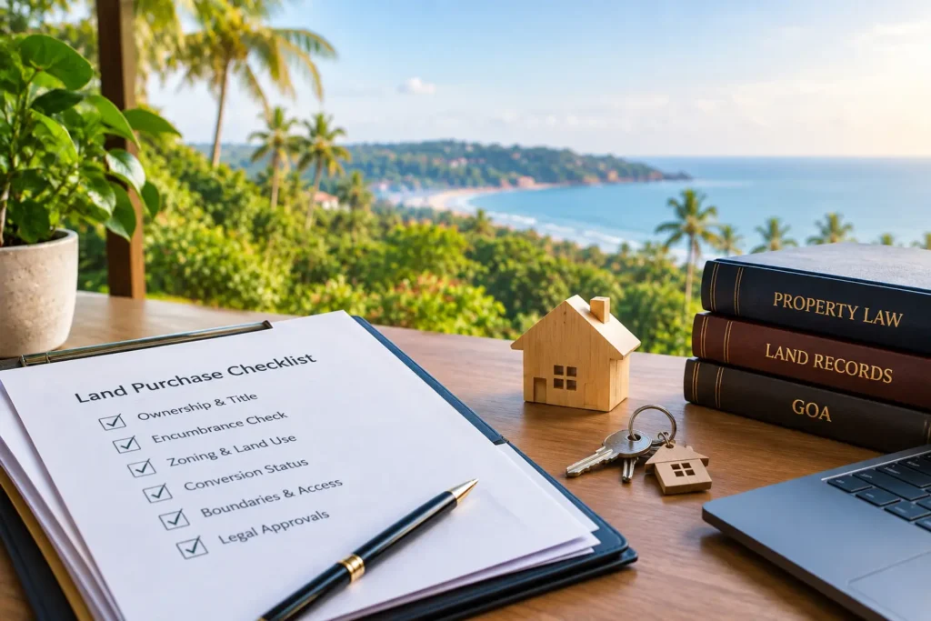 Buyer and lawyer reviewing land documents in a legal checklist for buying a plot in Goa