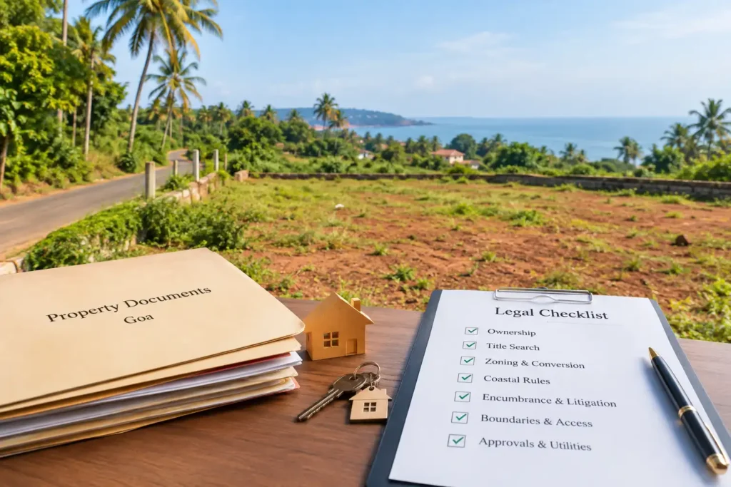 Empty residential plot in Goa with boundary markers and coconut trees