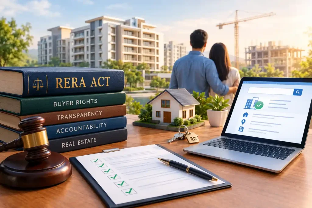 Homebuyer reading RERA Act documents and a property agreement before buying