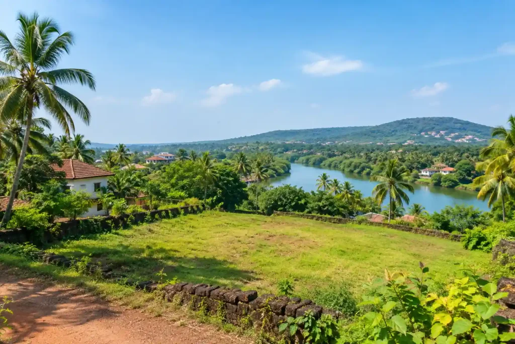 Residential land property in north Goa surrounded by lush greenery, coconut palms, village homes, river, and scenic hills.