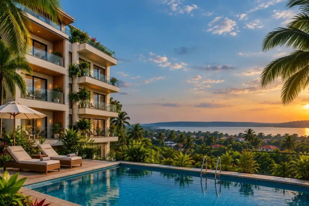 Luxury apartment building with swimming pool, tropical landscaping, and scenic waterfront views in Siolim, Goa