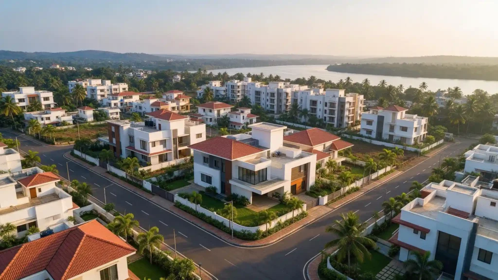 Aerial view of modern residential neighborhood in Porvorim, Goa, showing contemporary villas and apartment buildings with red-tiled roofs surrounded by lush tropical greenery and palm trees
