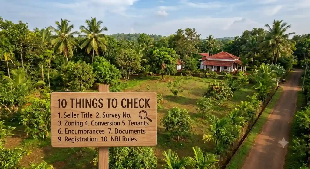 Green plot of land with coconut palms in a Goa village, ideal for buying land in Goa