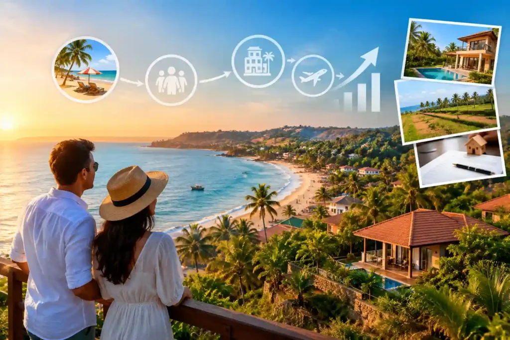 Tourists on a North Goa beach with villas and cafes nearby, showing the impact of tourism on Goa real estate