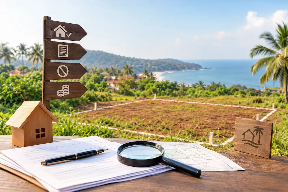 Buyer reading land documents while standing on an open plot in Goa