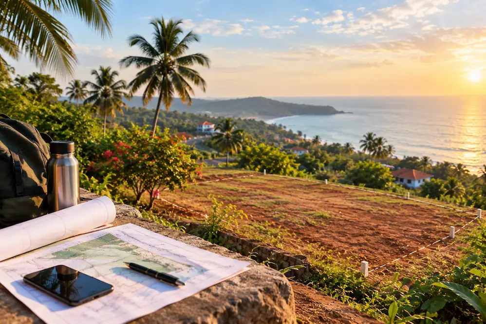 Buying a plot in Goa with land boundary markers, property maps, and a scenic coastal view.