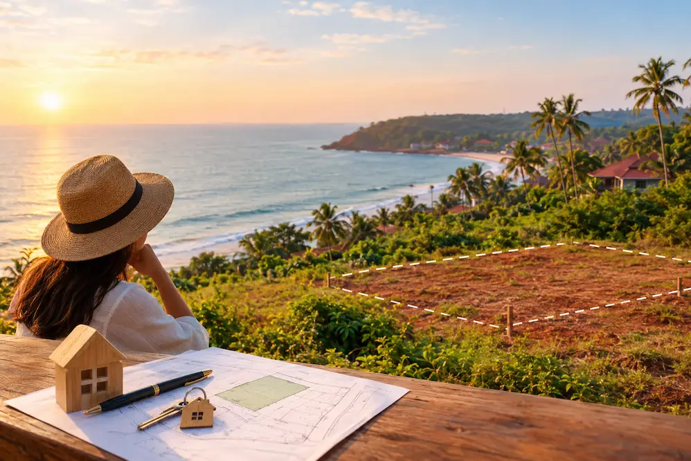 Investment plot in Goa overlooking the Arabian Sea with a coastal property landscape at sunset.