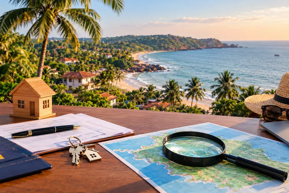 Plot of land in Goa surrounded by coconut palms, showing property to verify before purchase