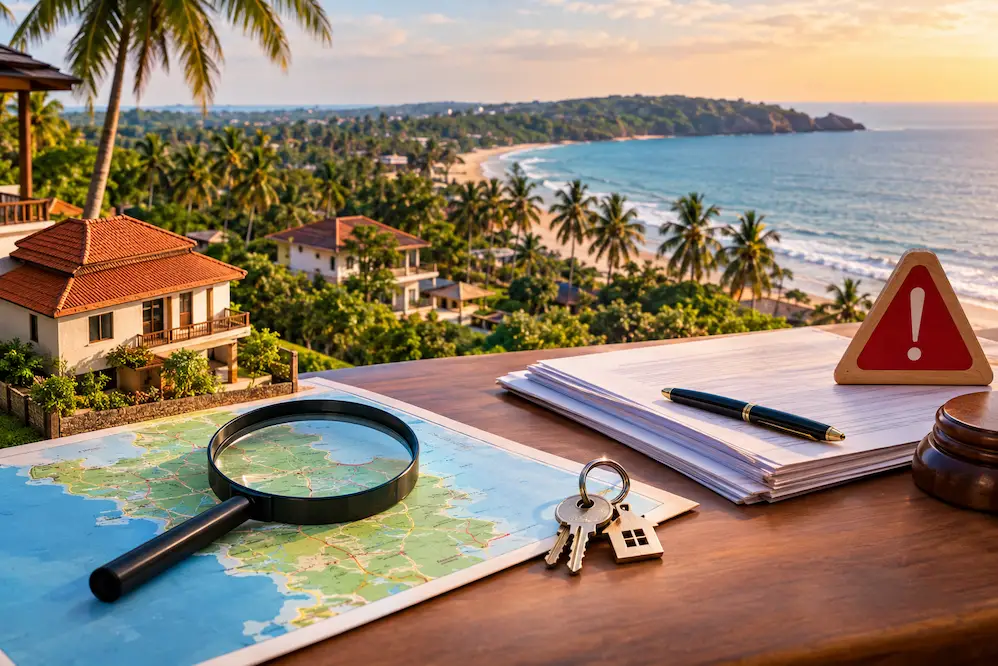 Buyer reviewing land documents with a lawyer to spot red flags when buying property in Goa