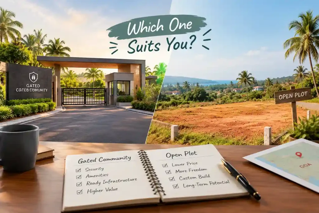 Gated community plot in Goa with a security gate and paved internal road
