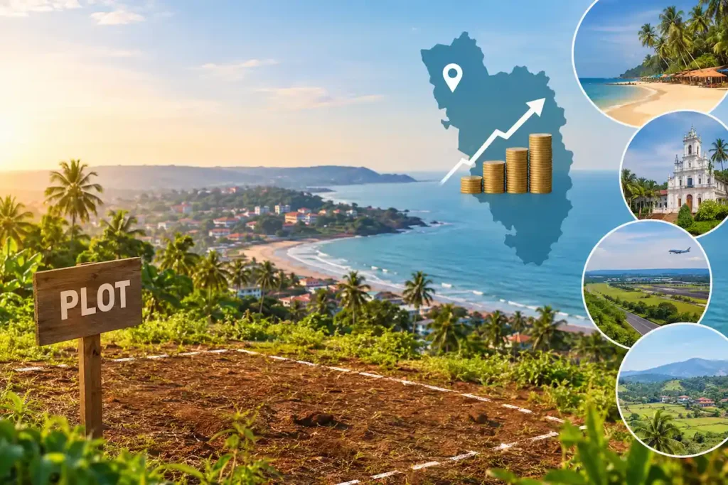 Rising plot rates in Goa shown on a land grid with a sunset behind it