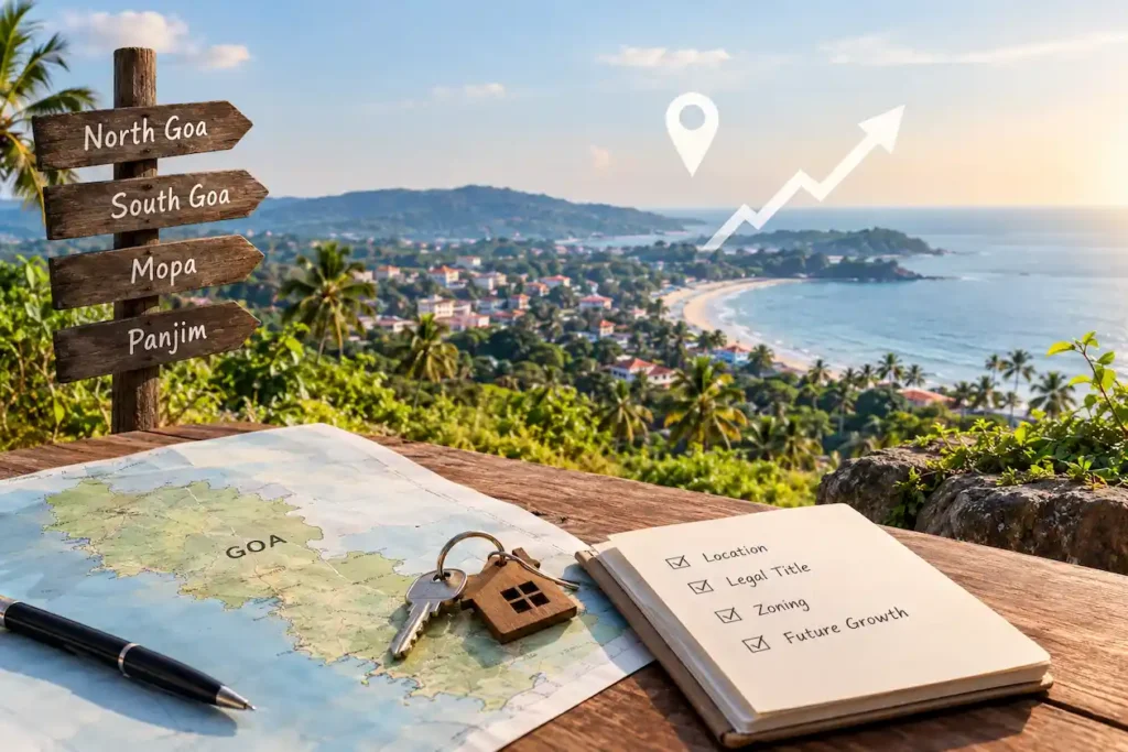 Goa land price trends 2026 chart with a rising line over plotted land at sunset