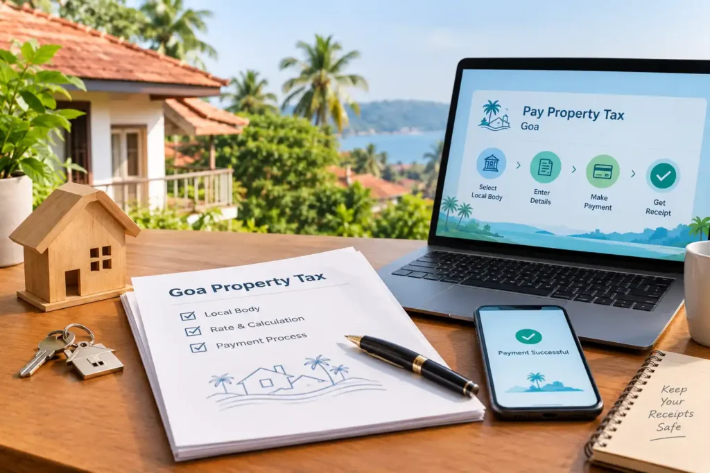 Property owner paying Goa property tax online on a laptop