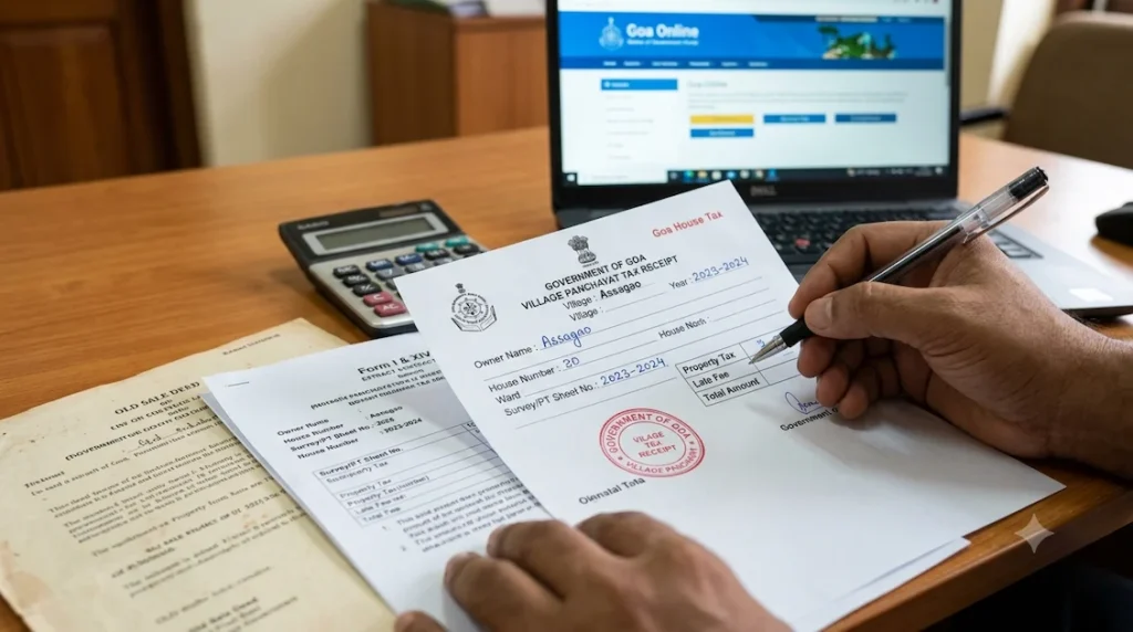 Goa property tax receipt and house tax documents on a desk