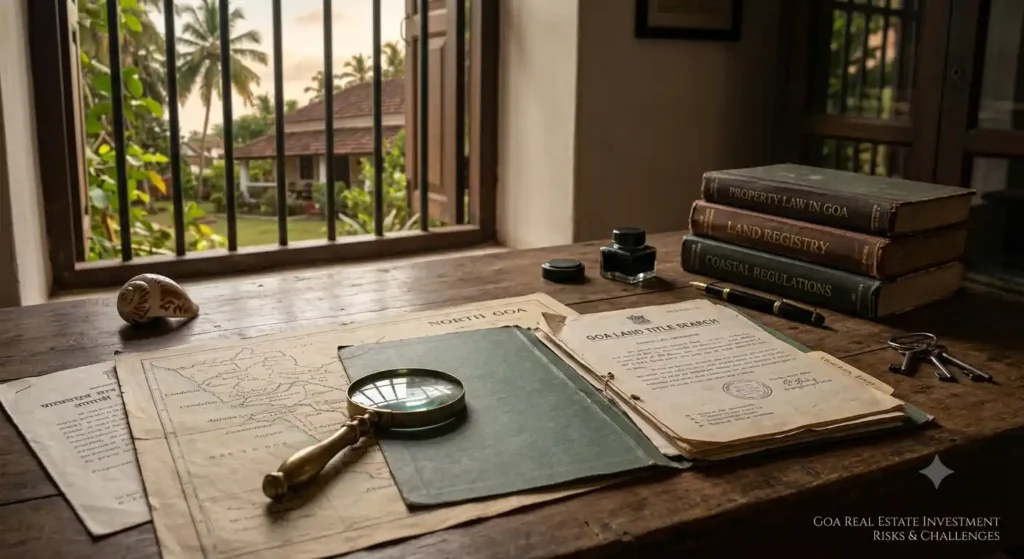 Property lawyer checking land title documents and survey plan before a Goa property purchase