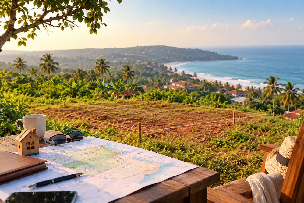 Residential land investment in Goa with a site plan and scenic views of the coastline and surrounding greenery.